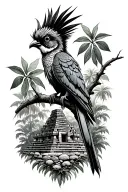 Quetzal perched on a branch infront of mayan temples with jungle and overgrown plants   tattoo design idea