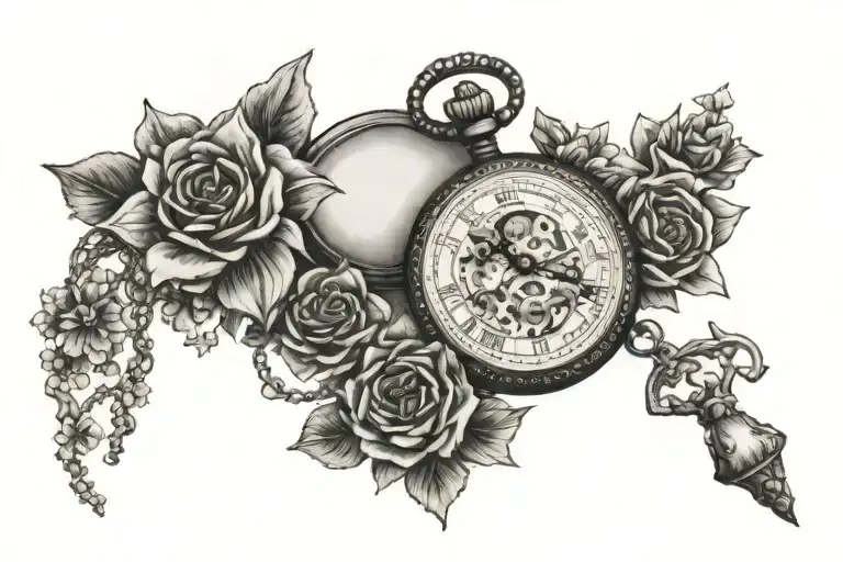 pocket watch and puzzle and flowers tattoo design idea