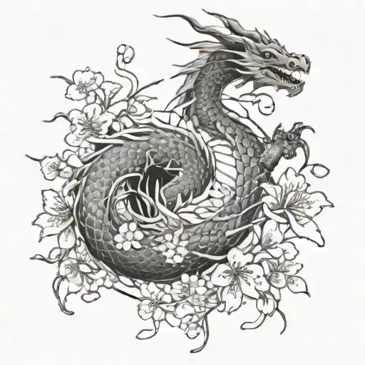 Black and white tattoo with a dragon going down the arm.  Around the dragon is koi fish and cherry blossom flowers tattoo design idea