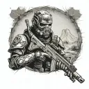 A Fallout New Vegas NCR Ranger With Combat armor, showing only the mask fragmented in hexagons into a skull behind   tattoo design idea