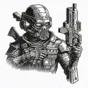 A Fallout New Vegas NCR Ranger With Combat armor, showing only the mask fragmented in hexagons into a skull behind   tattoo design idea