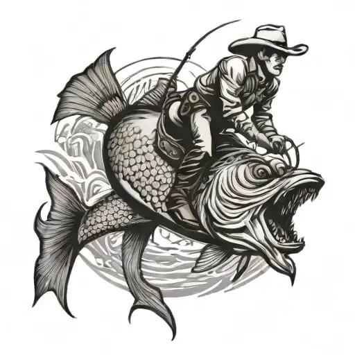 cowboy riding a tarpon fish jumping tattoo design idea