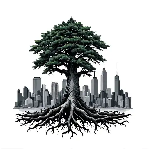 Washington state evergreen tree with the tree roots that merge and turn into line art of outline New York City skyline tattoo design idea