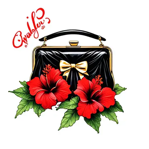 red hibiscus tattoo around black purse and gold bow tattoo design idea