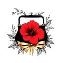 red hibiscus tattoo around black purse and gold bow tattoo design idea