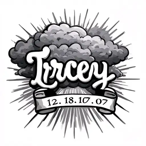 Clouds in the background with beams with the name Tracey with a banner with the date 12,18,07 in Roman numerals tattoo design idea