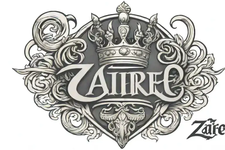 Zaire in cursive with Scorpion designs and a king crown tattoo design idea