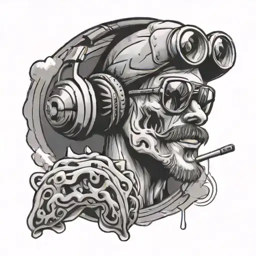 A glass-blower with a sweet bread and a taco wearing headphones tattoo design idea