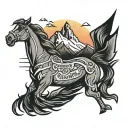line saying I'll love you always and forever with horse running on top with mountains and sun coming up  tattoo design idea