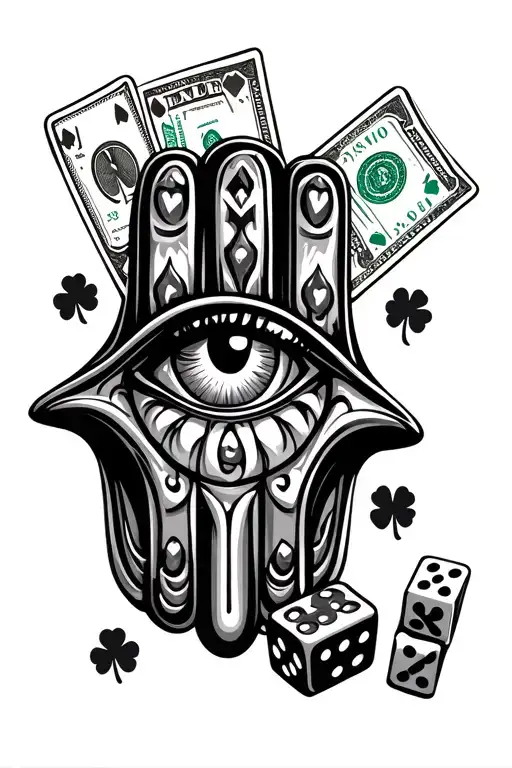 Hamsa Eye Stacks of Money Dice Lucky CloverRoyal Flush Cards Lowrider LA sign (LA Dodgers) tattoo design idea