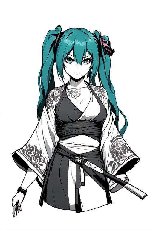 Hatsune Miku with yakuza style chest wrap and kimono tattoo design idea
