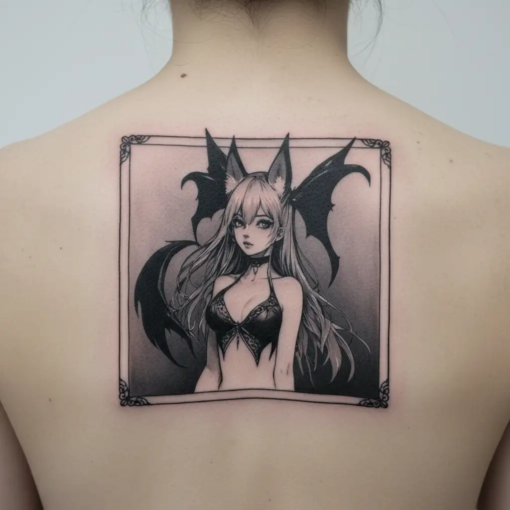 Anime female succubus with fox ears and fox tails, very sexy, NSFW, in a sketched style tattoo design idea