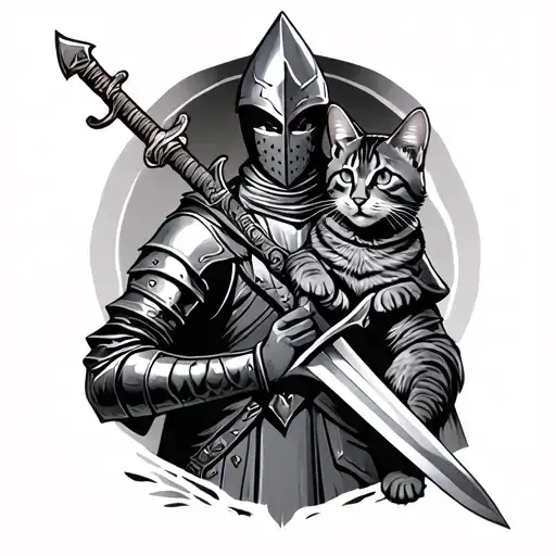 medieval knight holding a sword with a cat tattoo design idea