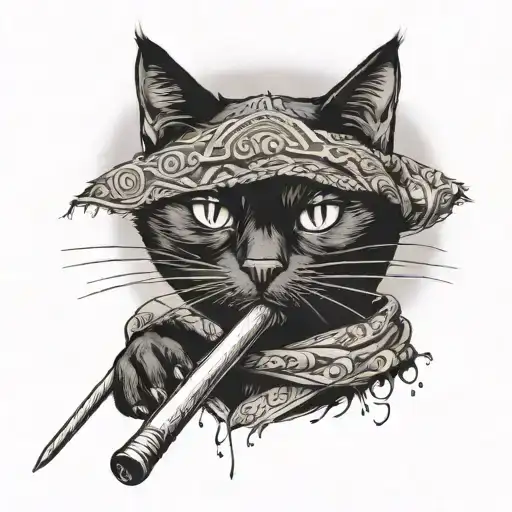 a black cat with a bandana on his head holding a drumstick in his mouth at full height tattoo design idea