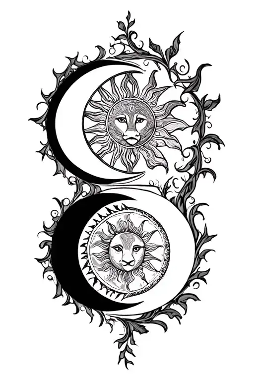 Triple moon, sun, leo, taurus, and aries symbol with filigree vine in linear form tattoo design idea