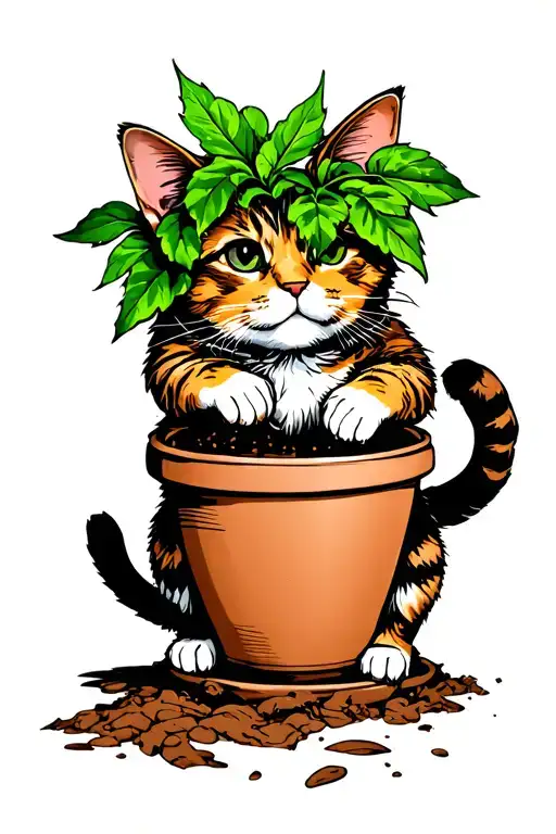 cat digging in pot plant leaves tattoo design idea