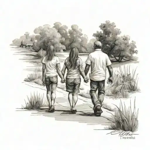 father and 2 daughter walking away tattoo design idea