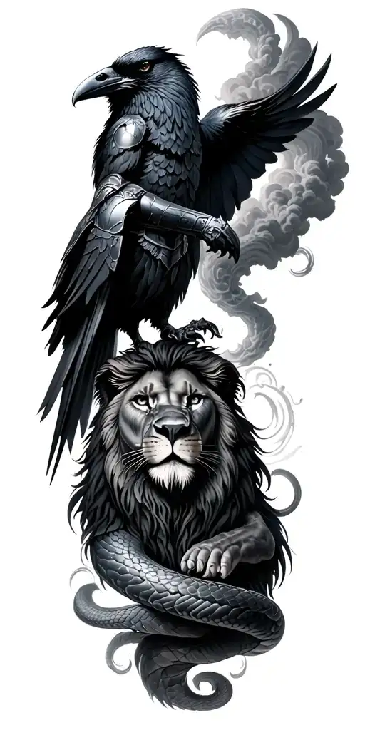 Full leg black and grey design: a raven, an armored knight, a coiled serpent with eyes, swirling clouds, and a lion  tattoo design idea