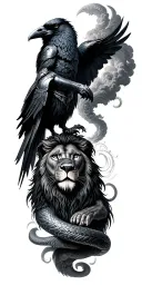 Full leg black and grey design: a raven, an armored knight, a coiled serpent with eyes, swirling clouds, and a lion  tattoo design idea