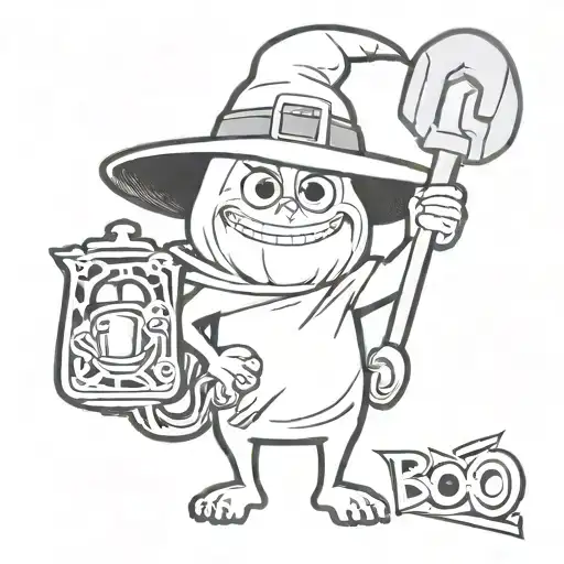 ghost with a witch hat holding a knife named Boo monsters inc tattoo design idea