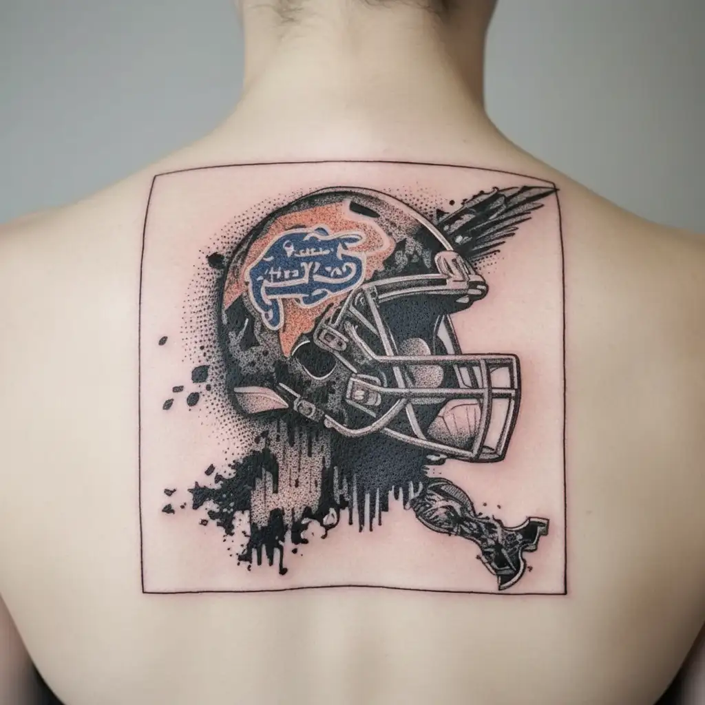 A collage of diesel truck parts forming a football with University of Florida colors and a soldier silhouette in the background tattoo design idea