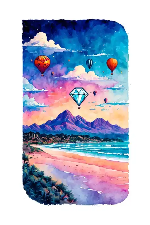 zia symbol with Sandia mountains in middle clouds on top diamond on right LA beach on left and hot air balloons  tattoo design idea