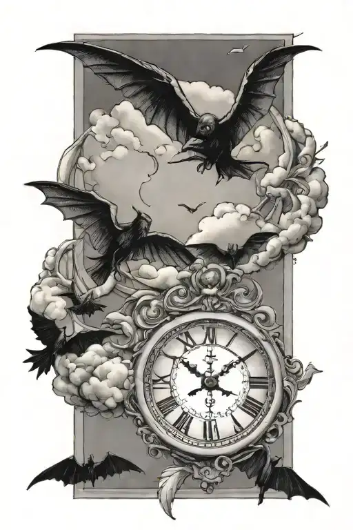 3/17/2009 as roman numerals with clouds surrounding it with bats flying around tattoo design idea