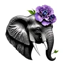 half elephant face  with peppermint carnation flower and African purple violets  tattoo design idea