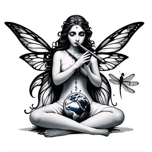  fairy playing the flute sitting cross-legged with the earth in her lap. add a dragonfly on end of the flute tattoo design idea