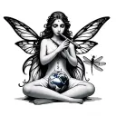  fairy playing the flute sitting cross-legged with the earth in her lap. add a dragonfly on end of the flute tattoo design idea