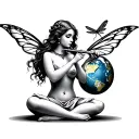  fairy playing the flute sitting cross-legged with the earth in her lap. add a dragonfly on end of the flute tattoo design idea