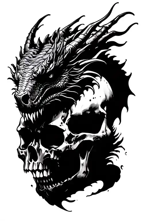 Dragon crawling out of the skull, чёрно-белый  tattoo design idea