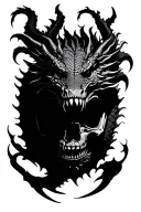 Dragon crawling out of the skull, чёрно-белый  tattoo design idea