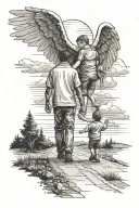  father and son holding hands walking a road to the sunset it a baby angel flying  tattoo design idea