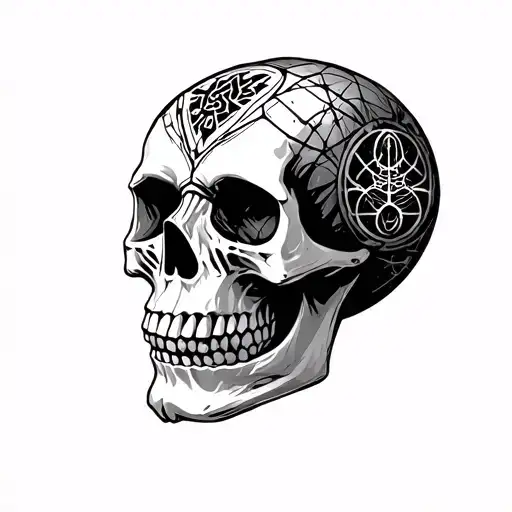 gemoetric skull science based symbols arround tattoo design idea