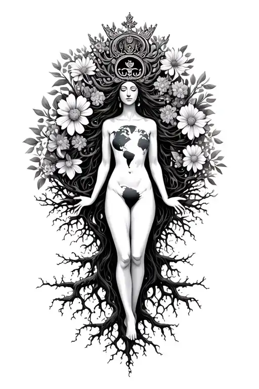 spiritual Woman standing on roots flowers growing out of head om crown with multiple arms 1 holding world  tattoo design idea
