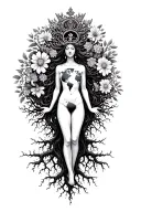 spiritual Woman standing on roots flowers growing out of head om crown with multiple arms 1 holding world  tattoo design idea
