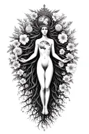 spiritual Woman standing on roots flowers growing out of head om crown with multiple arms 1 holding world  tattoo design idea