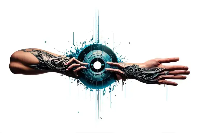 Biomechanical (flesh/metal fusion) ripped skin with music album cover in middle tattoo design idea