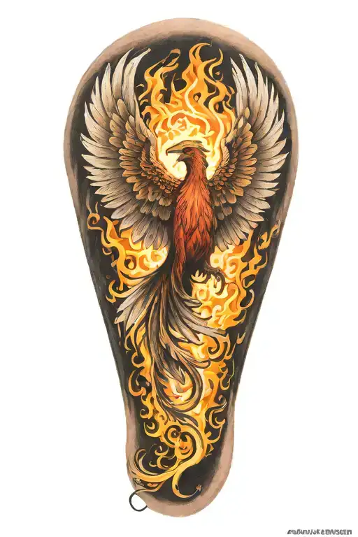 phoenix rising in flames carrying weights tattoo design idea