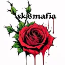 "sk8mafia" bleeding Rose with stems and thorns wrapped around script text tattoo design idea