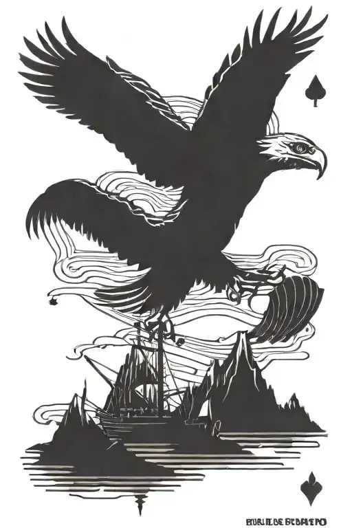 silhouette in a fishing boat in the mountains, eagle soaring in the far distant, playing cards tattoo design idea