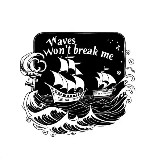 waves, ship, anchor, female skeleton, words "waves won't break me" tattoo design idea