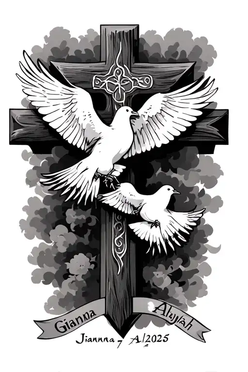 Cross with two doves on the cross with names Gianna and Alayah and date January 7 2025. tattoo design idea