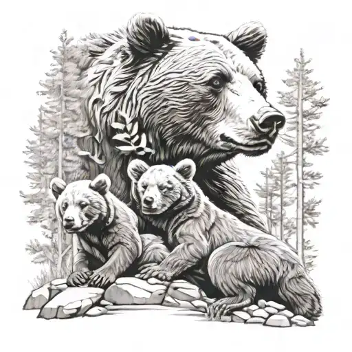 mama bear with 4 cubs playing with mama bear, with rocks. tattoo design idea