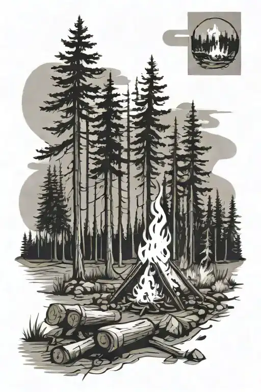 boreal forest w a camp fire and a  tattoo design idea