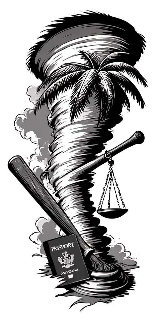tornado sucking up scales of justice, baseball bat, passport, and palm tree. tattoo design idea