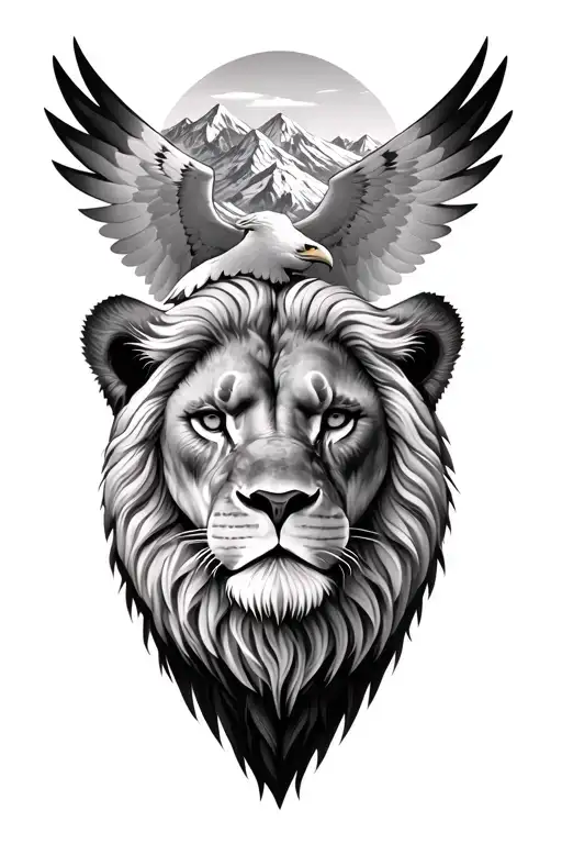 Realistic lion head with eagle flying, wings spread, mountains in background, white hyper realistic tattoo design tattoo design idea