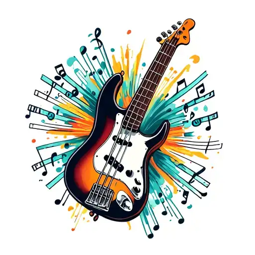 bass guitar with music bars and notes coming off end of guitar going from chest to bicep tattoo design idea