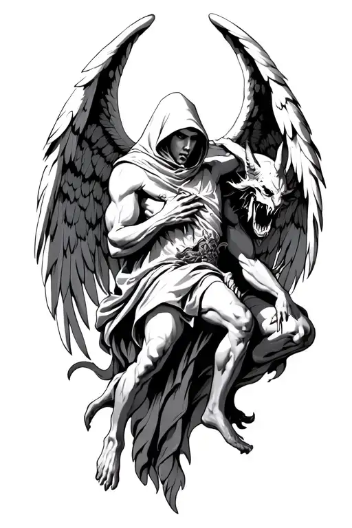 hooded arch angel defeating a demon tattoo design idea